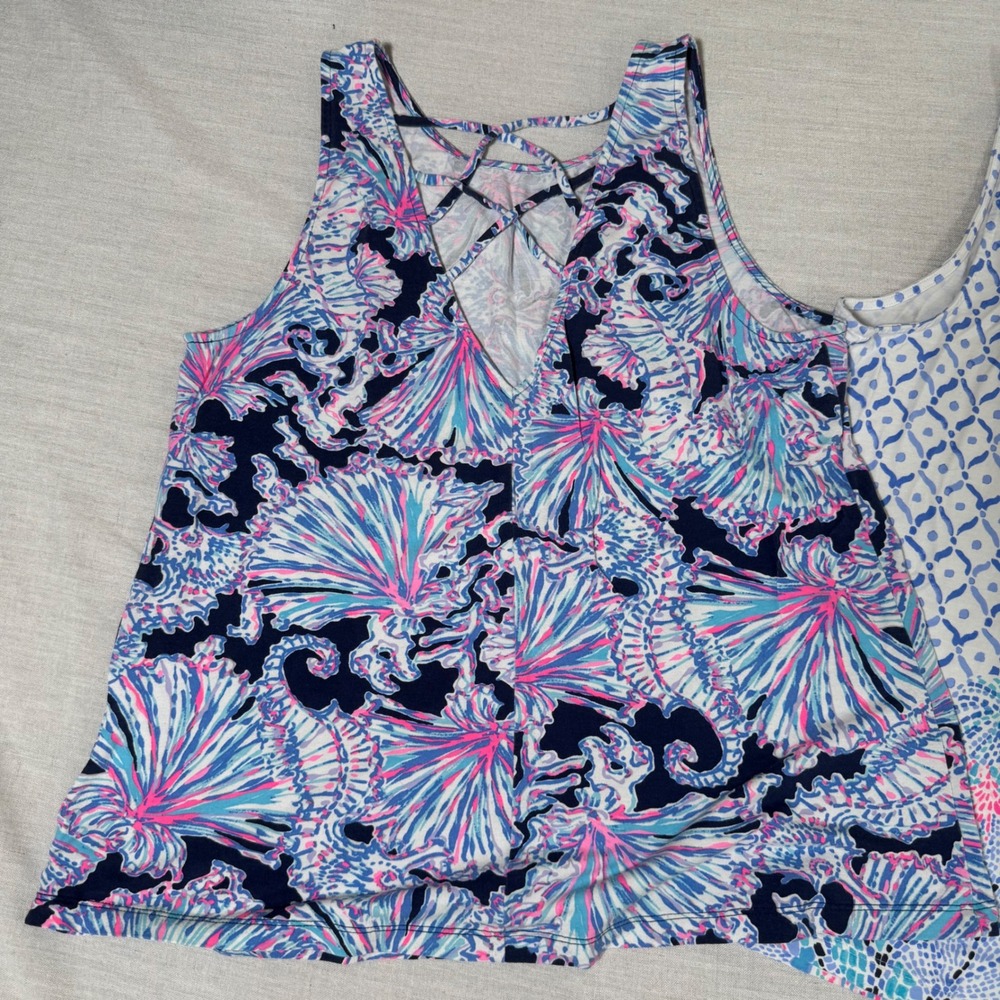 Lilly Pulitzer Lot of 2 - Etta V-Back Tank Top Pima Cotton Modal Blue Pink M - Picture 6 of 11